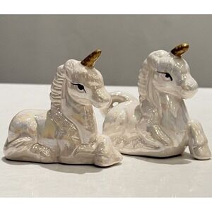 Vintage Iridescent Pastel Pearl Lusterware Unicorn Ceramic Figurines Pair of 2